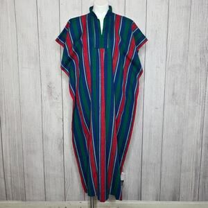 VTG 70s Handmade Striped Cotton Kaftan Maxi Dress | Belted Boho Lounge Dress
